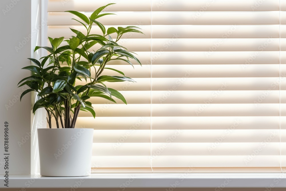A green plant in a white pot on a window sill, bathed in sunlight. A green plant in a white pot on a window sill, bathed in sunlight.