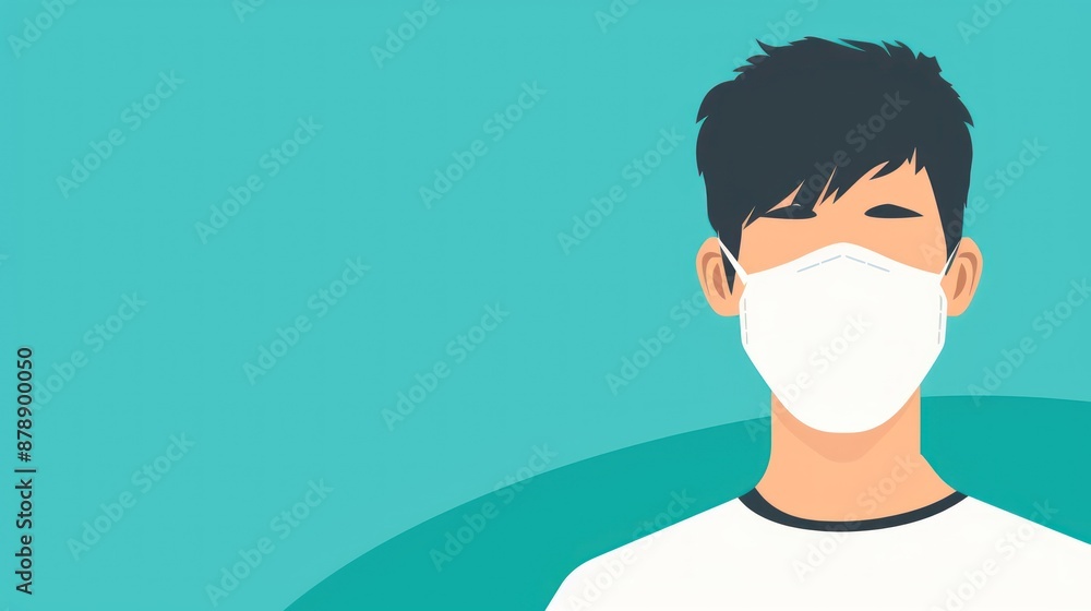Man wearing a white face mask against a turquoise background. Man wearing a white face mask against a turquoise background.