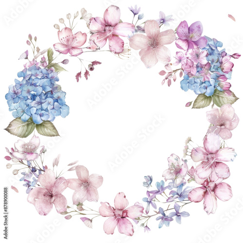 Watercolor painting of a flowery design with blue and pink flowers. Isolated on transparent background.