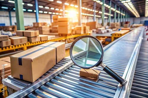 Detailed inspection of imported goods on a conveyor belt, with magnifying glasses, scales, and documents scattered around, highlighting the thoroughness of customs procedures. photo