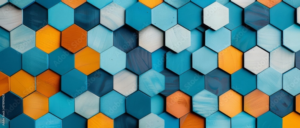 Colorful hexagonal tiles creating a vibrant geometric pattern in shades of blue, orange, and white. Ideal for modern backgrounds and designs. Colorful hexagonal tiles creating a vibrant geometric pattern in shades of blue, orange, and white. Ideal for modern backgrounds and designs.