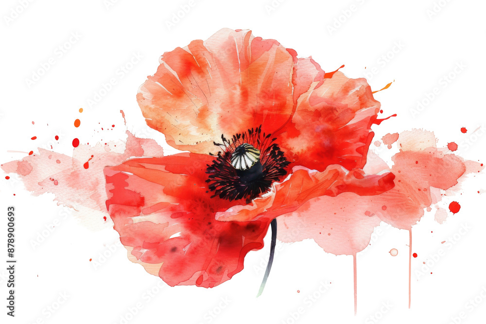 Watercolor painting of A red poppy flower with water splatters on it ...