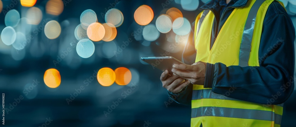 Construction worker in high visibility vest using a smartphone at night on site with blurred lights in the background. Construction worker in high visibility vest using a smartphone at night on site with blurred lights in the background.