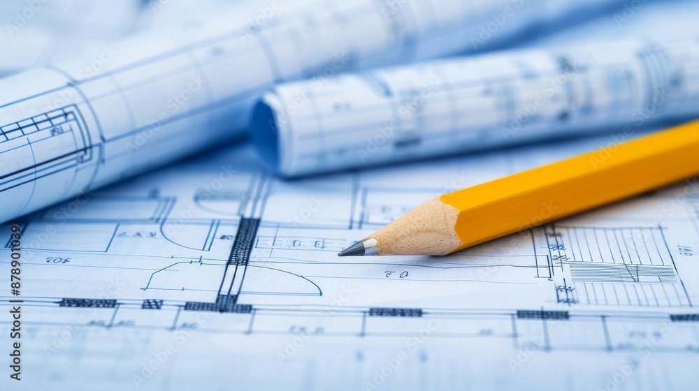 Detailed architectural blueprints with a yellow pencil, showcasing technical drawings and construction plans for engineering and design projects. Detailed architectural blueprints with a yellow pencil, showcasing technical drawings and construction plans for engineering and design projects.