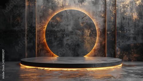 Dark and Grungy Concrete Stage with Glowing Circle Backdrop photo
