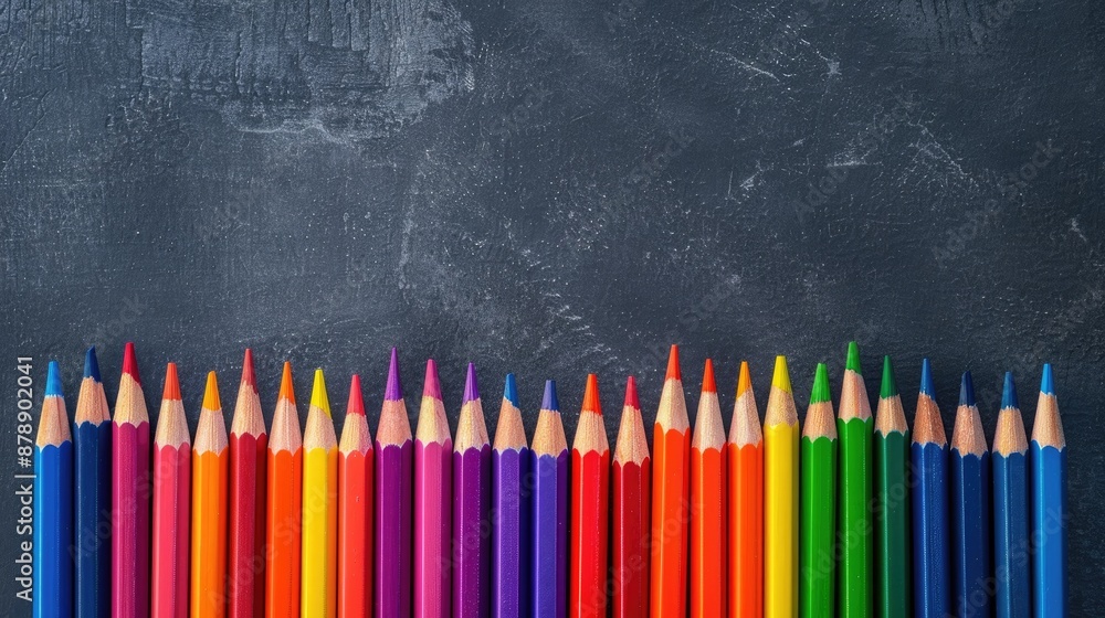 Colorful pencils in a row on grey surface with blackboard in rainbow colors for school with room for text back to school setting Colorful pencils in a row on grey surface with blackboard in rainbow colors for school with room for text back to school setting