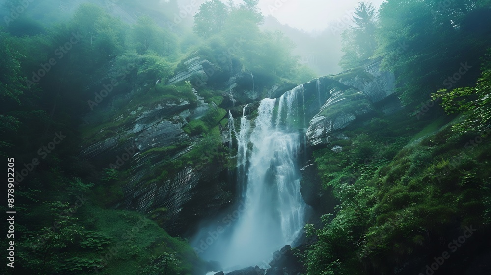 Majestic Waterfall in a Misty Forest Majestic Waterfall in a Misty Forest
