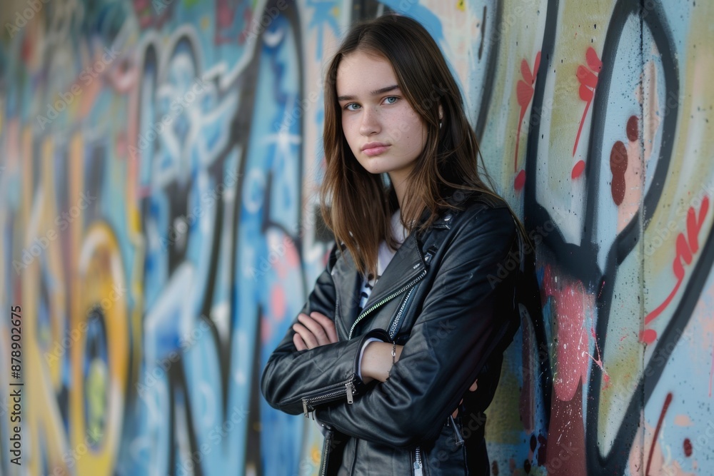Teenage girl in leather jacket with graffiti. Teenage girl in leather jacket with graffiti.