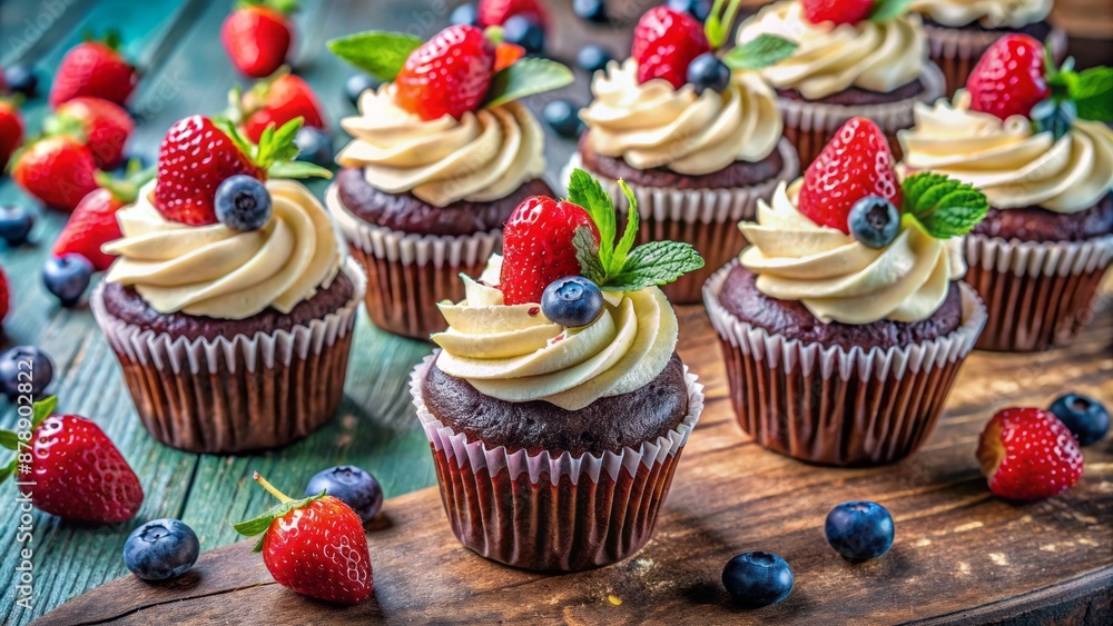 Colorful, decadent, and artfully arranged chocolate cupcakes with rich cream cheese frosting and fresh berries on a vintage-inspired background. Colorful, decadent, and artfully arranged chocolate cupcakes with rich cream cheese frosting and fresh berries on a vintage-inspired background.