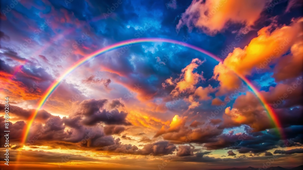 Vibrant multi-colored rainbow stretches across breathtaking sunset clouds, casting warm tones on serene, cloud-speckled dreamy sky with soft gradient hues. Vibrant multi-colored rainbow stretches across breathtaking sunset clouds, casting warm tones on serene, cloud-speckled dreamy sky with soft gradient hues.