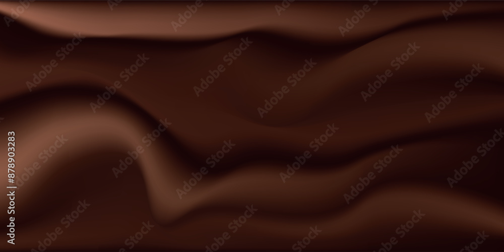 Fototapeta premium Chocolate wavy swirl background. Abstract satin chocolate waves, brown color flow. Vector