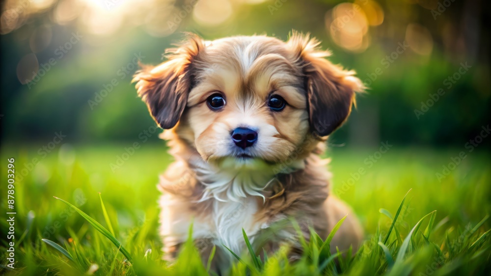 Adorable little puppy with fluffy fur and big brown eyes gazing directly at the camera, sitting alone on green grass. Adorable little puppy with fluffy fur and big brown eyes gazing directly at the camera, sitting alone on green grass.