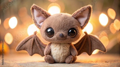 Adorable small brown bat plush toy with big round eyes and tiny wings sitting solo on a soft blurred pastel background.