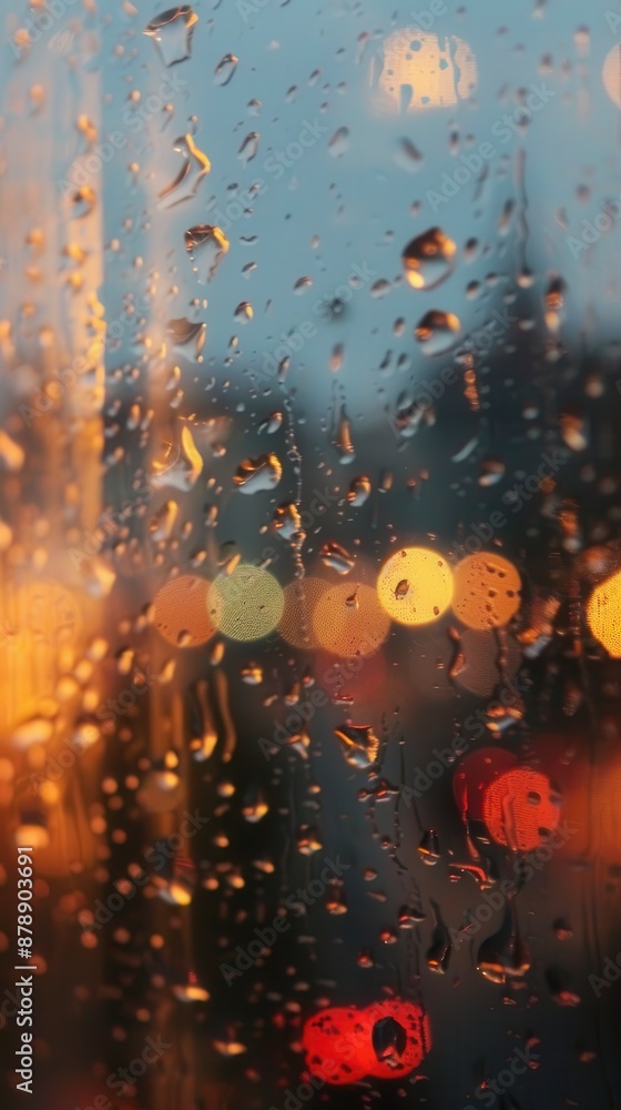 Raindrops on a window pane at night with city lights in the background Raindrops on a window pane at night with city lights in the background