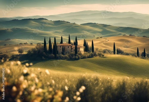 italian aly hills countryside car tree road illustration generative hill rural ai green cypress view olive tuscany villa beautiful photo