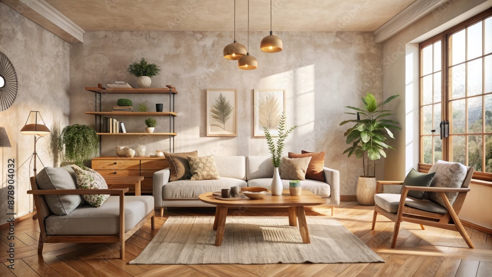 Natural light floods a cozy Scandinavian Japandi-inspired living room with creamy plaster walls, warm wood accents, and minimalist decor. Natural light floods a cozy Scandinavian Japandi-inspired living room with creamy plaster walls, warm wood accents, and minimalist decor.