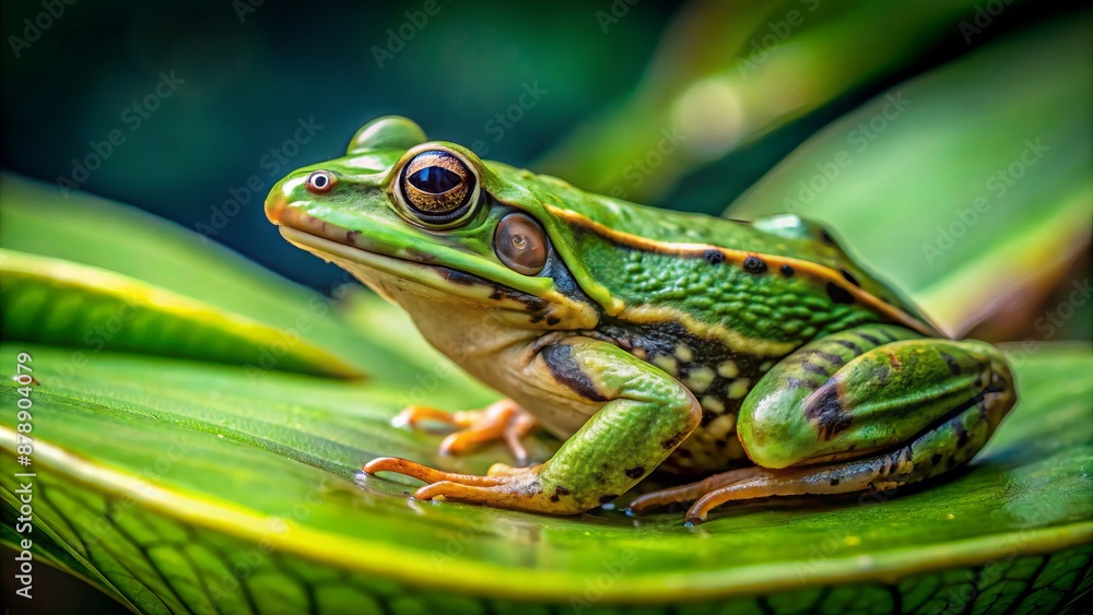 Vibrant green frog perched on delicate leaf, showcasing intricate details of amphibian's skin and leaf's venation in natural surroundings. Vibrant green frog perched on delicate leaf, showcasing intricate details of amphibian's skin and leaf's venation in natural surroundings.