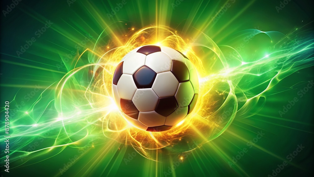 Naklejka premium Vibrant glow emanates from dynamic soccer ball suspended in energetic aura on bright green background, exuding power and kinetic energy alone.