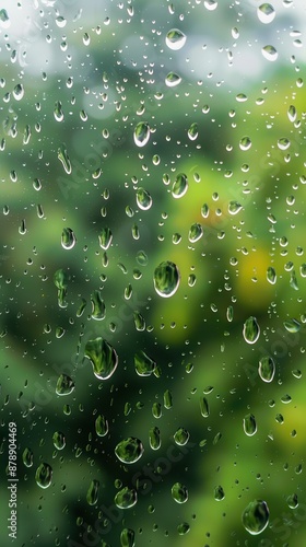 Water droplets clinging to a windowpane on a rainy day photo