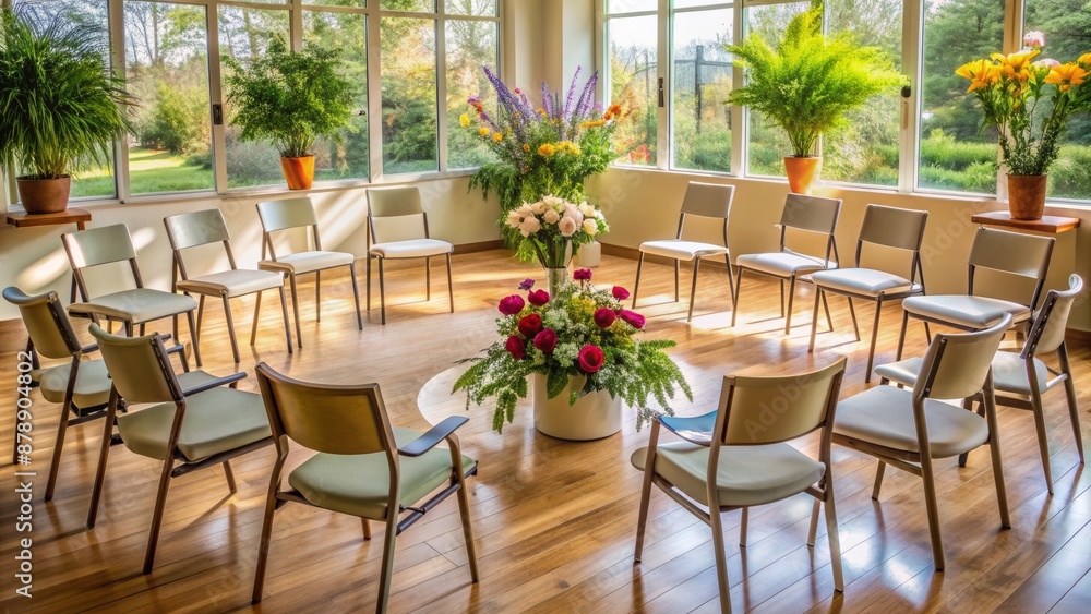 Obraz premium Serene calming atmosphere surrounds a neatly arranged circle of empty chairs, flowers, and emotional support tools in a peaceful setting.