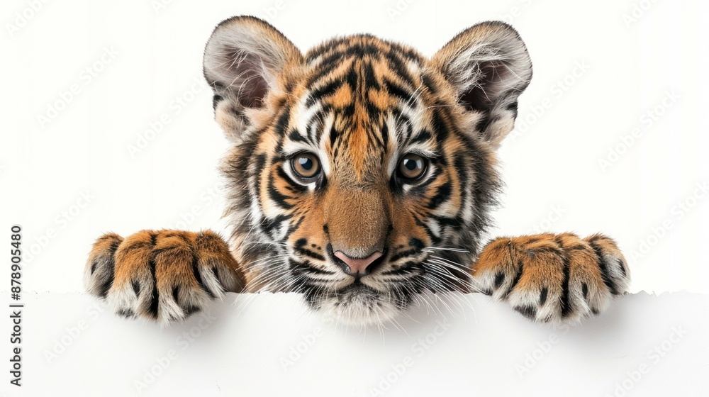 Fototapeta premium Curious Tiger Cub Peeking Over a White Background