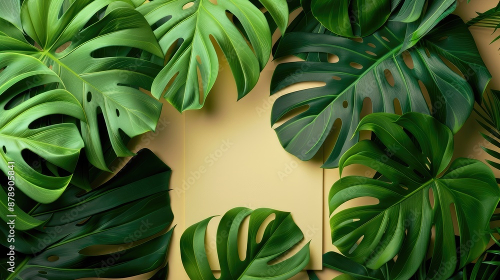Fototapeta premium Green monstera plant with paper label for eco friendly concept