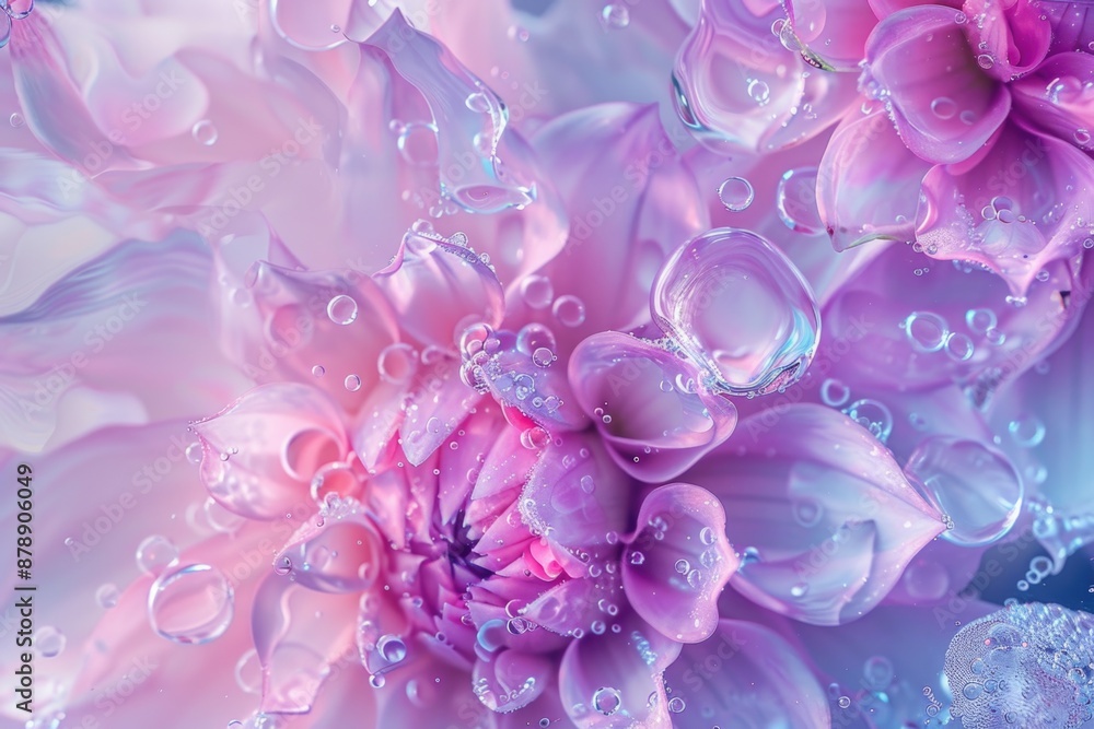 A detailed view of a pink flower surrounded by soap bubbles, great for use in illustrations or as a decorative element A detailed view of a pink flower surrounded by soap bubbles, great for use in illustrations or as a decorative element