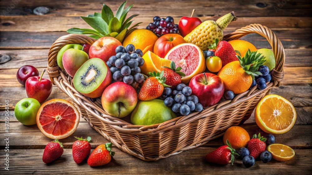 Vibrant, assorted fresh fruits overflowing from wicker basket, showcasing rich vitamin nutrition and healthy food options on rustic wooden background. Vibrant, assorted fresh fruits overflowing from wicker basket, showcasing rich vitamin nutrition and healthy food options on rustic wooden background.