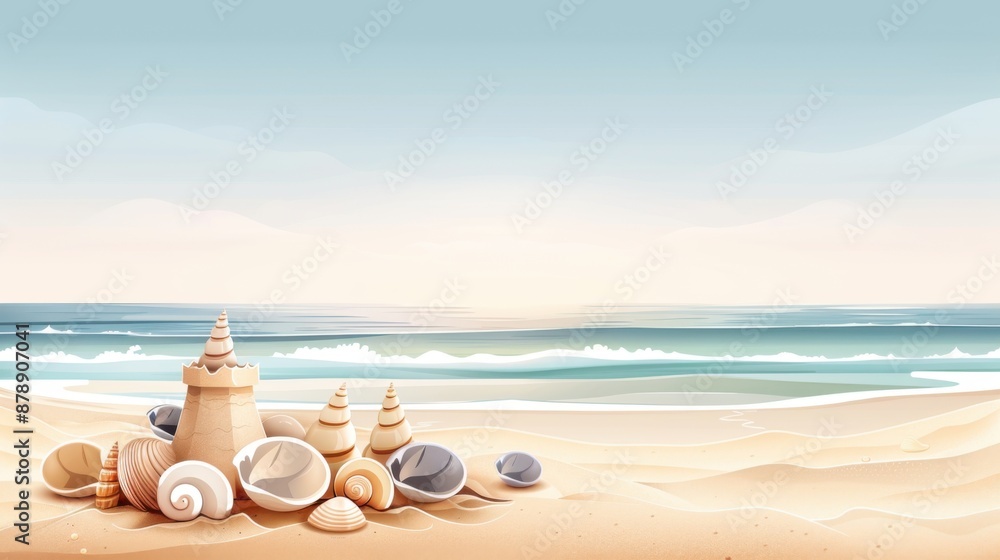 Beautiful beach scene with a sandcastle and seashells by the ocean, capturing the essence of a peaceful seaside vacation. Beautiful beach scene with a sandcastle and seashells by the ocean, capturing the essence of a peaceful seaside vacation.