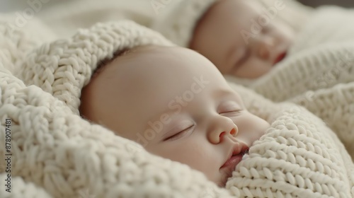Peaceful sleeping babies wrapped in cozy knitted blankets, capturing the essence of innocence and serenity in a warm, comforting setting.