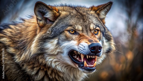 Fierce predator showcases razor-sharp teeth in a menacing snarl, capturing the raw intensity of the wild canine's powerful jaws.