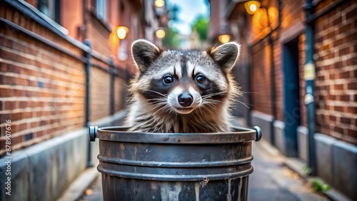 A mischievous raccoon pokes its masked face out of a trash can overflowing with garbage in a city alleyway setting.