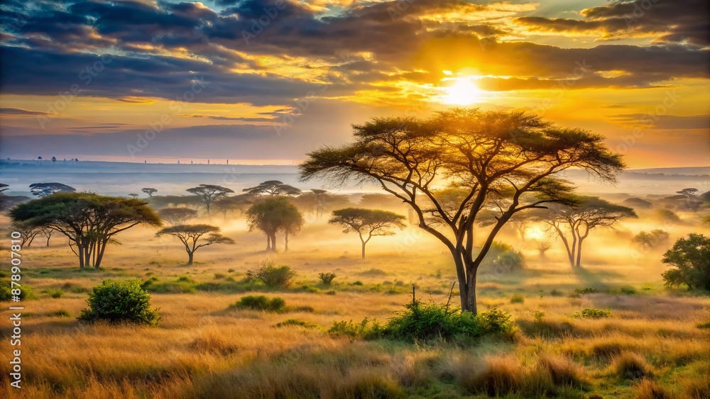 Vibrant sunrise casts warm light on open grassy savannah, acacia trees scattered, misty atmosphere, wild African landscape awaits exploration. Vibrant sunrise casts warm light on open grassy savannah, acacia trees scattered, misty atmosphere, wild African landscape awaits exploration.