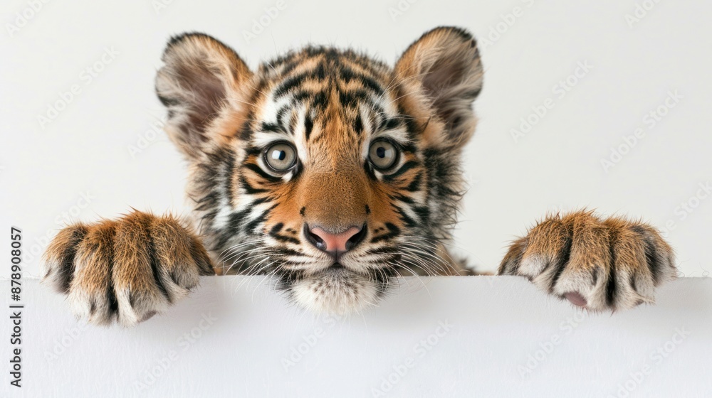 Obraz premium Curious Tiger Cub Peeking Over White Surface