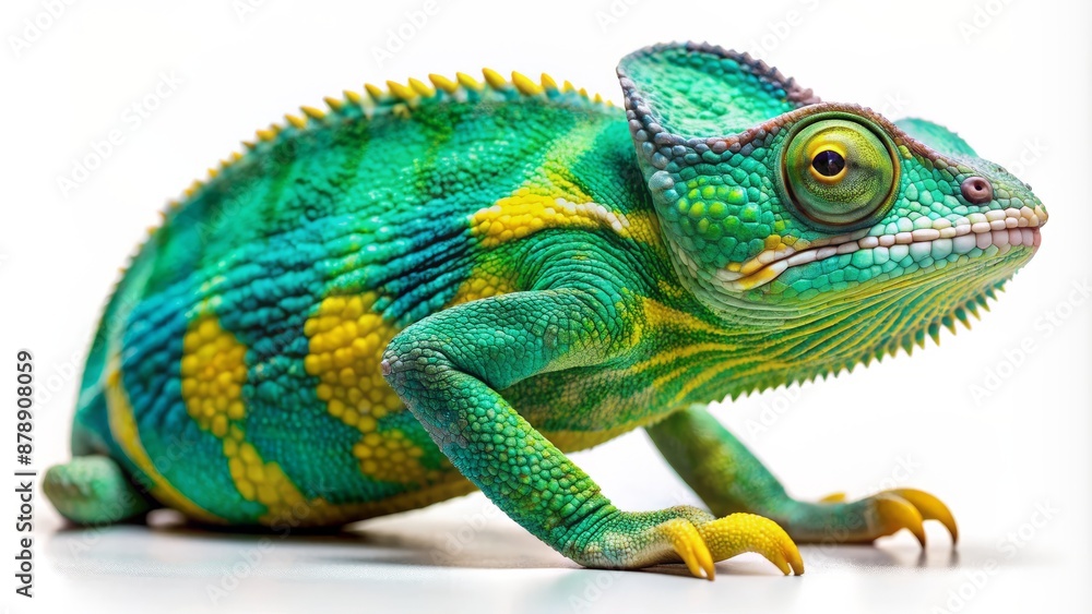 Fototapeta premium Vibrant green chameleon cutout with turquoise and yellow accents stands on a white background with subtle gradient effect.