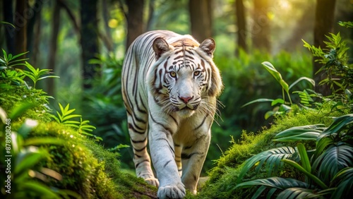 Magnificent white tiger, majestic feline predator, roam freely in lush green forest, emphasizing its wild, powerful, and serene nature.
