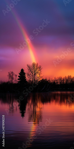 Twilight Harmony: Rainbow and Sunset Over Calm Lake