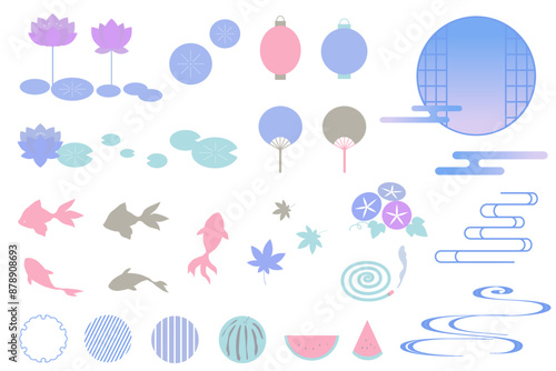 カラフルな夏の和風モチーフのイラストセット　フレーム　縁起物　背景イラスト