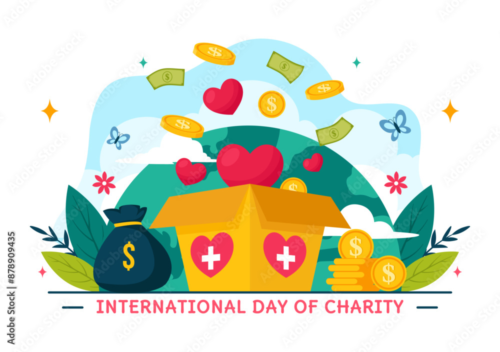 Obraz premium Vector Illustration for International Day of Charity on September 5th with a Donation Package, Love Concept Background by Volunteer in Flat Cartoon