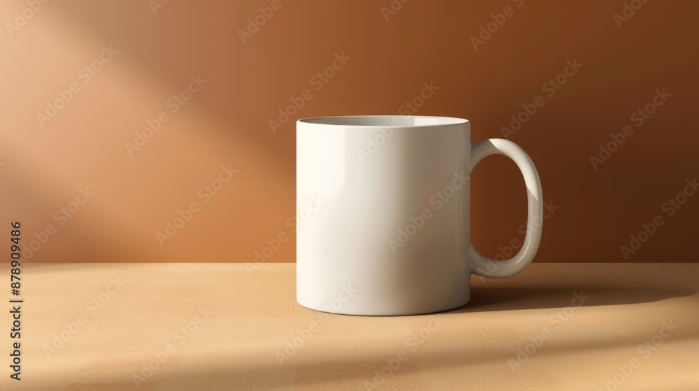 Blank White Mug on Beige Table.