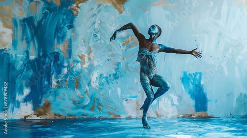 Artistic shot of a blue painted dancer against a similarly colored backdrop photo