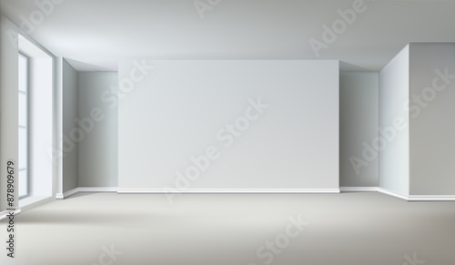 3d realistic vector illustration. Empty white room interior with big window and empty wall for precentation space.