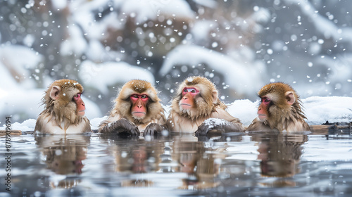 Snow Monkeys Relaxing in Hot Springs