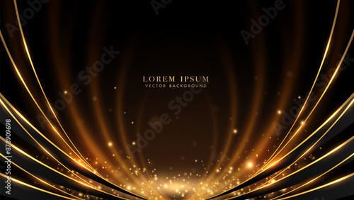Black luxury background decoration with golden line curve, glowing light beam, and shiny dot effect