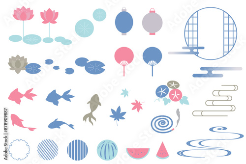 レトロな夏の和風モチーフのイラストセット　フレーム　縁起物　背景イラスト