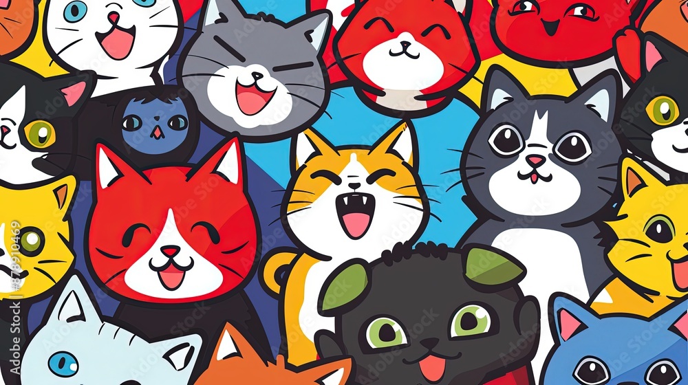 A high-resolution background featuring various cats, each expressing unique happy emotions in anime style. A high-resolution background featuring various cats, each expressing unique happy emotions in anime style.