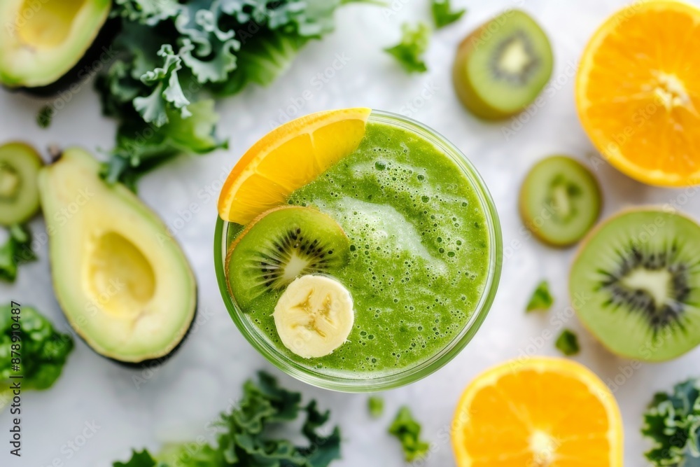 Green smoothie and fresh fruits. Green smoothie and fresh fruits.