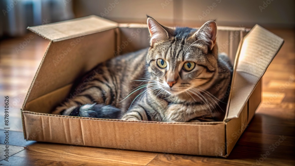 Adorable grey tabby cat curled up comfortably in old cardboard box on floor in cozy home interior setting alone. Adorable grey tabby cat curled up comfortably in old cardboard box on floor in cozy home interior setting alone.