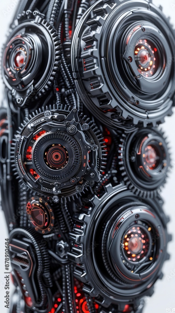 Fototapeta premium Close-up of intricate futuristic mechanical gears with glowing red elements. High-tech machinery concept in detailed design.
