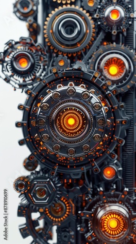 Close-up of intricate mechanical gears with glowing orange lights, representing futuristic technology and precision engineering.